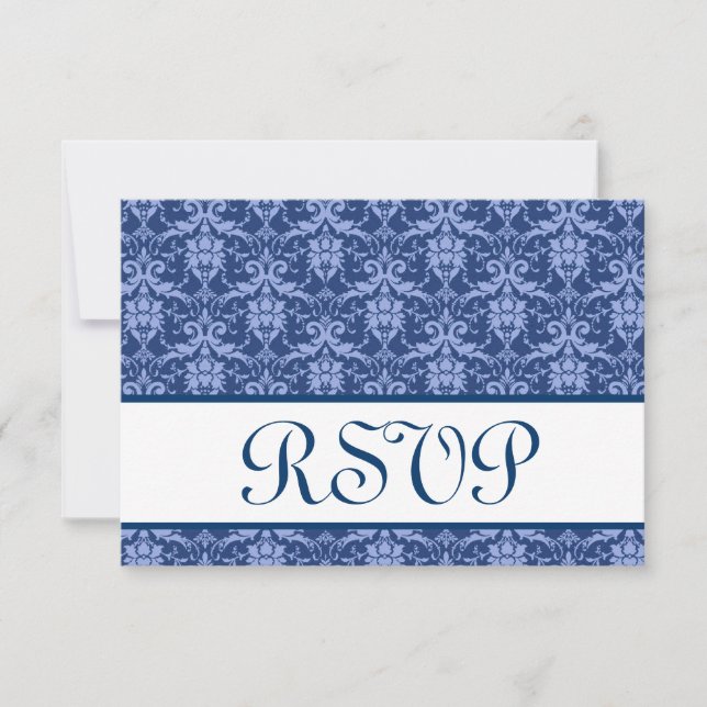 Navy Blue  Damask RSVP Wedding Response (Front)
