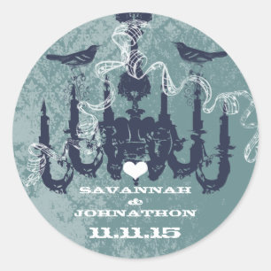 Navy Blue Damask Vintage Birds Chandelier Classic Round Sticker