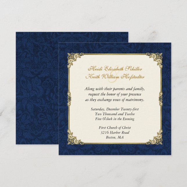 Navy Blue Damask & Vintage Gold Wedding Invitation (Front/Back)