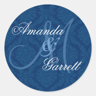 NAVY BLUE Damask Wedding Custom Monogram V2 Classic Round Sticker
