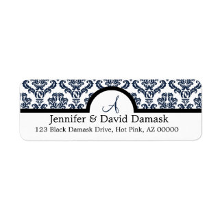 Navy Blue Damask Wedding Monogram Address Labels