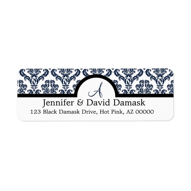 Navy Blue Damask Wedding Monogram Address Labels (Front)