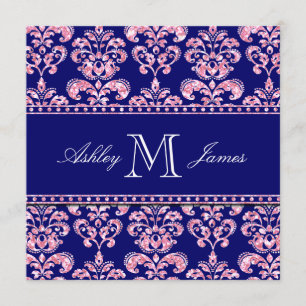 Navy Blue Damask Wedding Printed Pink Glitter Invitation