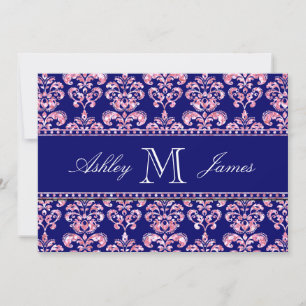 Navy Blue Damask Wedding Printed Pink Glitter Invitation