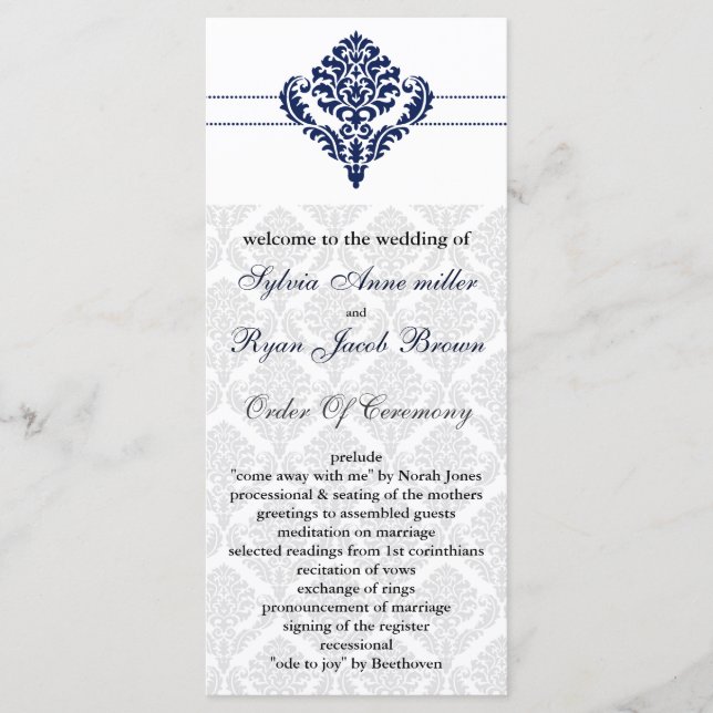 "navy blue" damask Wedding program Programme (Front)