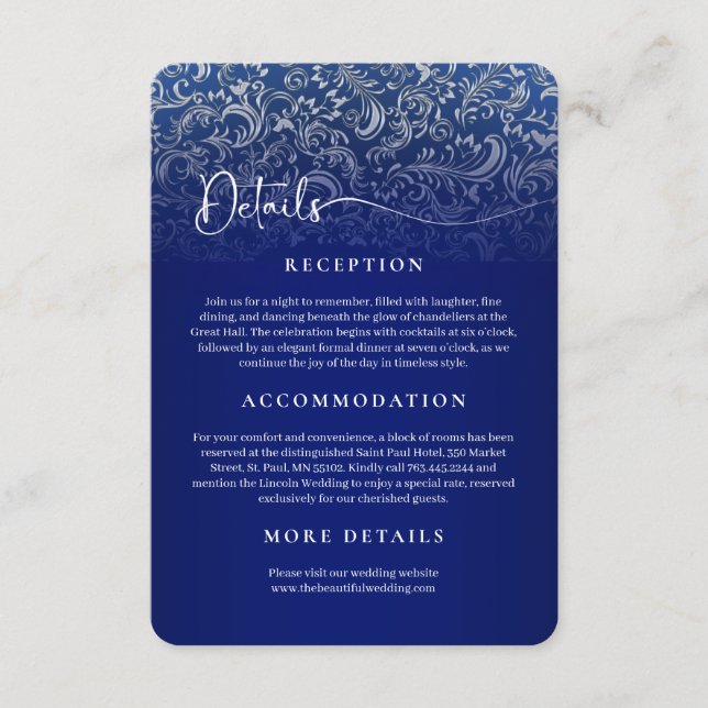 Navy Blue Damask Wedding Reception Details Card (Front)