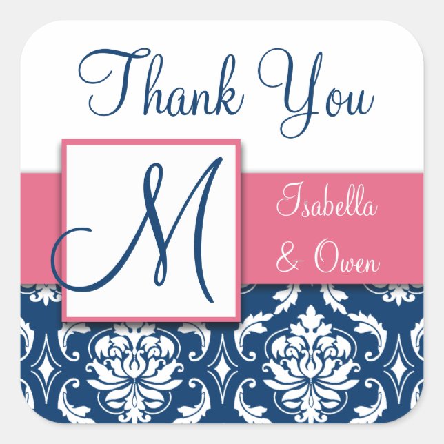 Navy Blue Damask Wedding Sticker Pink (Front)