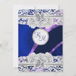 Navy blue damask white lace monogram wedding invitation