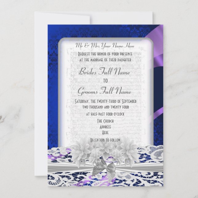 Navy blue damask white lace wedding invitation (Front)