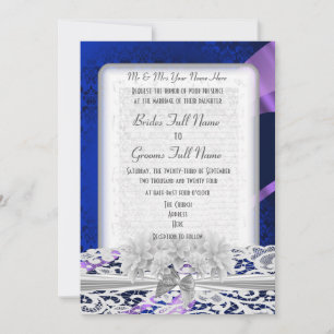 Navy blue damask white lace wedding invitation