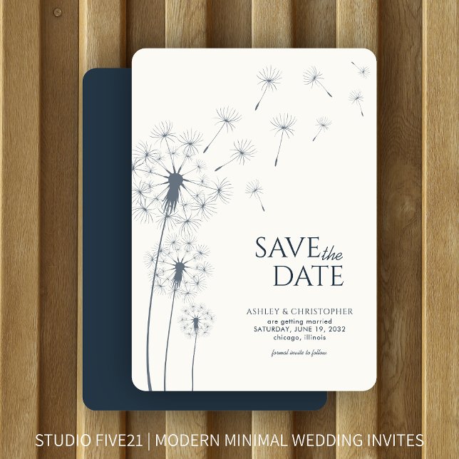 Navy Blue Dandelion Wedding Save the Date Card (Creator Uploaded)