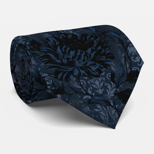 Navy Blue Dark Floral Damask Aristocrat Tie (Rolled)