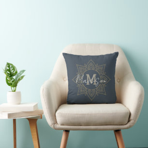 Navy Blue Dark Grey Gold Mandala Name Monogram Cushion