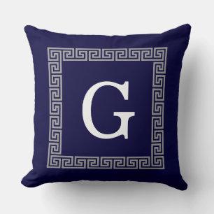Navy Blue Dark Grey Greek Key #1 Framed Monogram Cushion