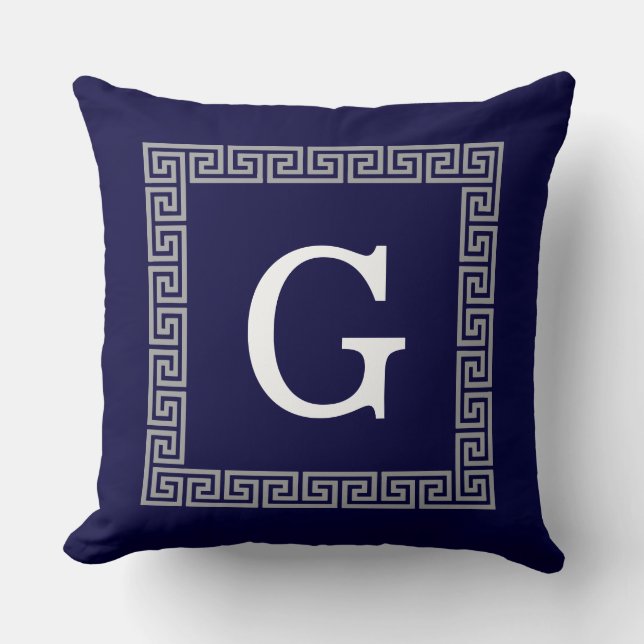 Navy Blue Dark Grey Greek Key #1 Framed Monogram Cushion (Front)