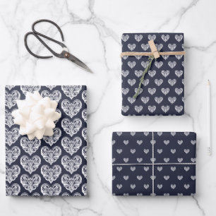 Navy Blue Decorative Heart Wrapping Paper Sheet