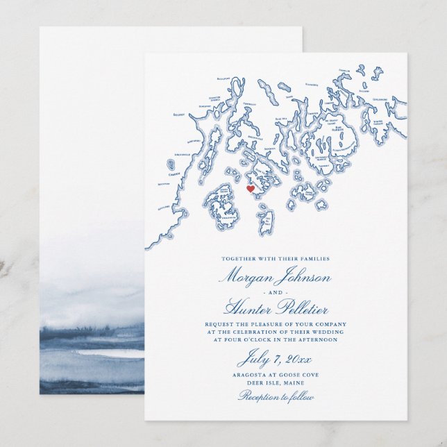 Navy Blue Deer Isle Maine Elegant Aragosta Wedding Invitation (Front/Back)