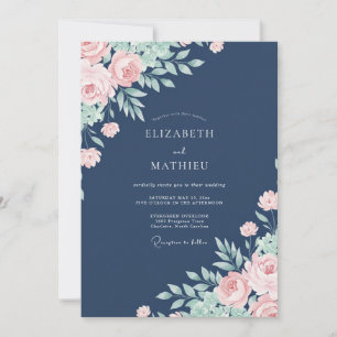 Navy Blue Delicate Floral Wedding Invitation