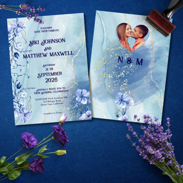 Navy Blue Delphinium Floral Wedding Invitation (Creator Uploaded)