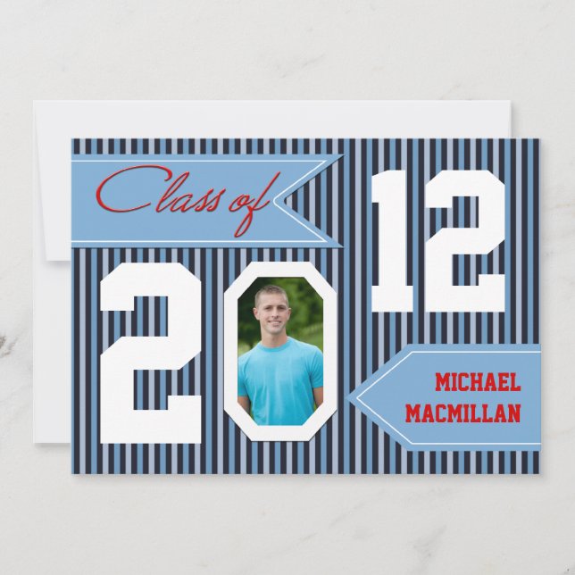 Navy Blue, Denim White Red Photo Graduation Invite (Front)