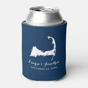 Navy Blue Dennis Cape Cod Map Gold Heart Wedding Can Cooler