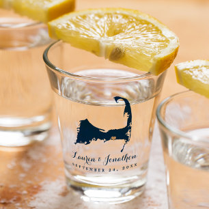 Navy Blue Dennis Cape Cod Map Gold Heart Wedding Shot Glass