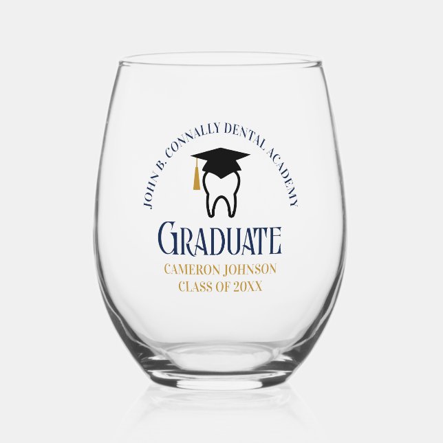 Navy Blue Dental School Custom Dentist Graduation Stemless Wine Glass (Front)