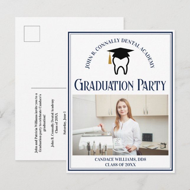 Navy Blue Dental School Photo Graduation Party Invitation Postcard (Front/Back)