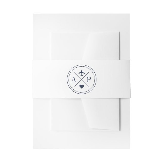 Navy Blue Destination Wedding Monogram Travel Invitation Belly Band (Front Example)