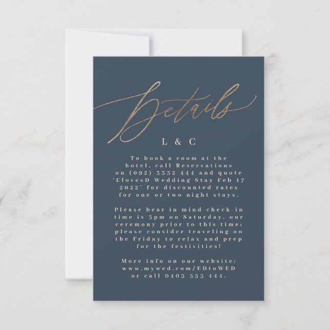 Navy Blue Details Accommodation Gold Wedding RSVP Card (Front)