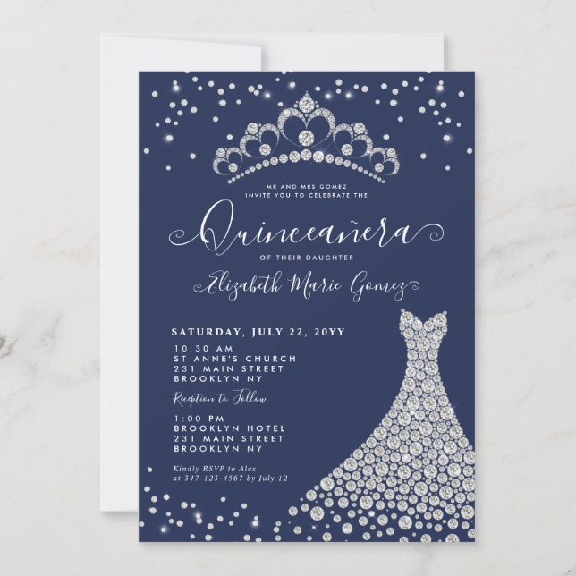 Navy Blue Diamond Sparkle Tiara Gown Quinceanera Invitation (Front)