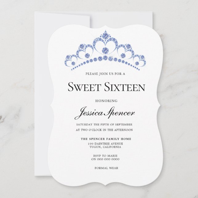 Navy Blue Diamond Tiara Sweet 16 Invite (Front)
