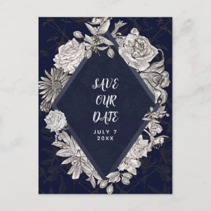 Navy Blue Diamond Vintage Flowers Save the Date Announcement Postcard
