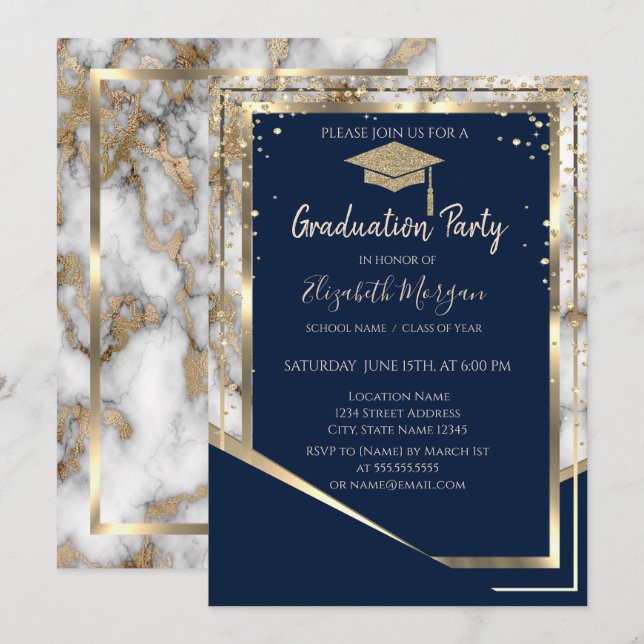 Navy Blue Diamonds Gold Grad Cap Marble Graduation Invitation (Front/Back)