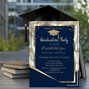 Navy Blue Diamonds Gold Grad Cap Marble Graduation Invitation