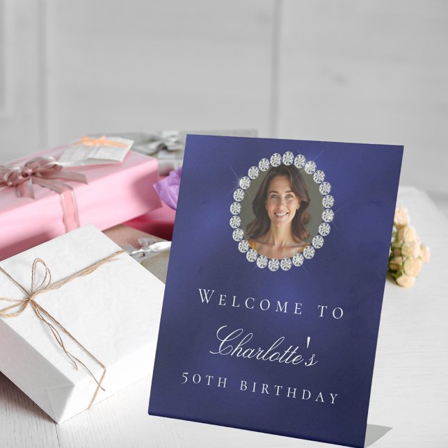 Navy blue diamonds photo birthday party welcome pedestal sign (Creator Uploaded)