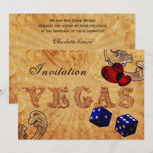 navy blue dice Vintage Vegas wedding invites (Front/Back)