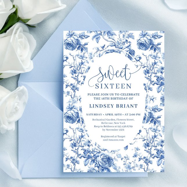 Navy Blue Digital Floral Invitation 16th Birthday (Navy Blue Digital Floral Invitation 16th Birthday)