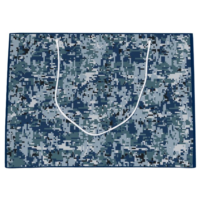 Navy Blue Digital Pixels Camouflage Decor Large Gift Bag (Front)