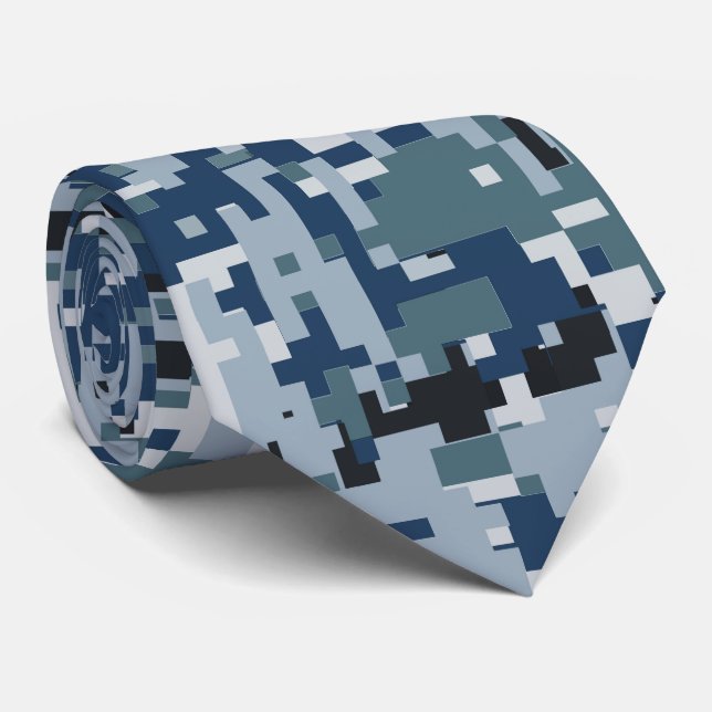 Navy Blue Digital Pixels Camouflage Decor Tie (Rolled)