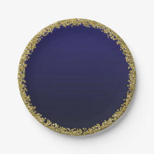 Navy Blue Dipped Gold Glitter Glam Sparkle Party Paper Plate