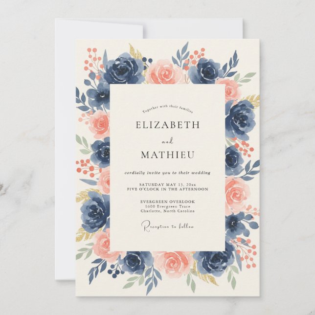 Navy Blue Distinguished Floral Wedding Invitation (Front)