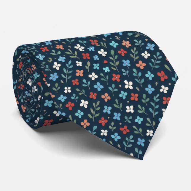 Navy Blue Ditsy Red and Blue Floral Patterned Tie (Rolled)