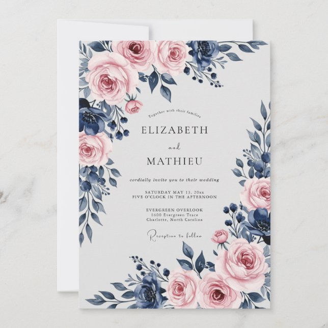 Navy Blue Divine Floral Wedding Invitation (Front)