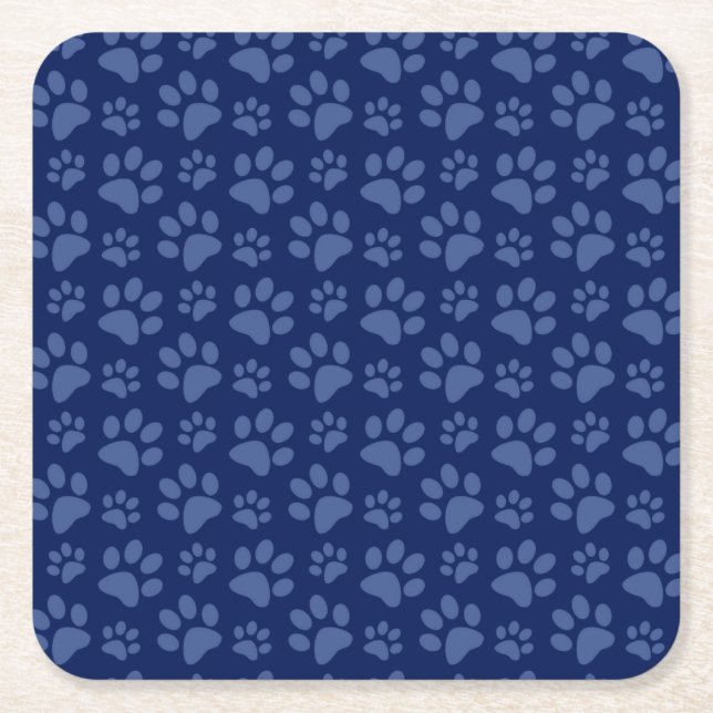 Navy blue dog paw print pattern square paper coaster (Front)