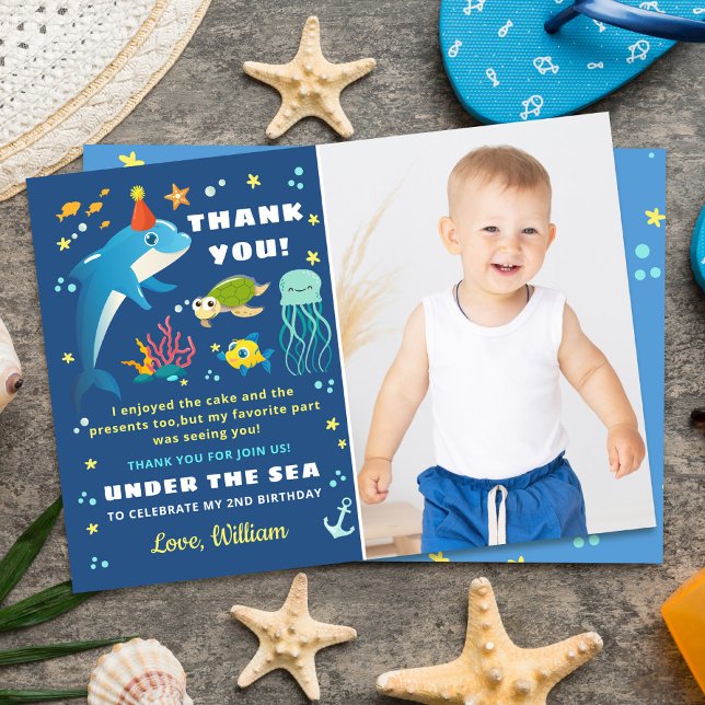 Navy Blue Dolphin Under The Sea Birthday Photo Thank You Card (Creator Uploaded)