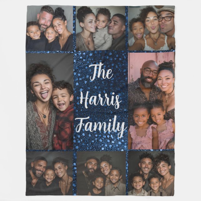 Navy Blue Dots Family Photo Collage Fleece Blanket (Front)