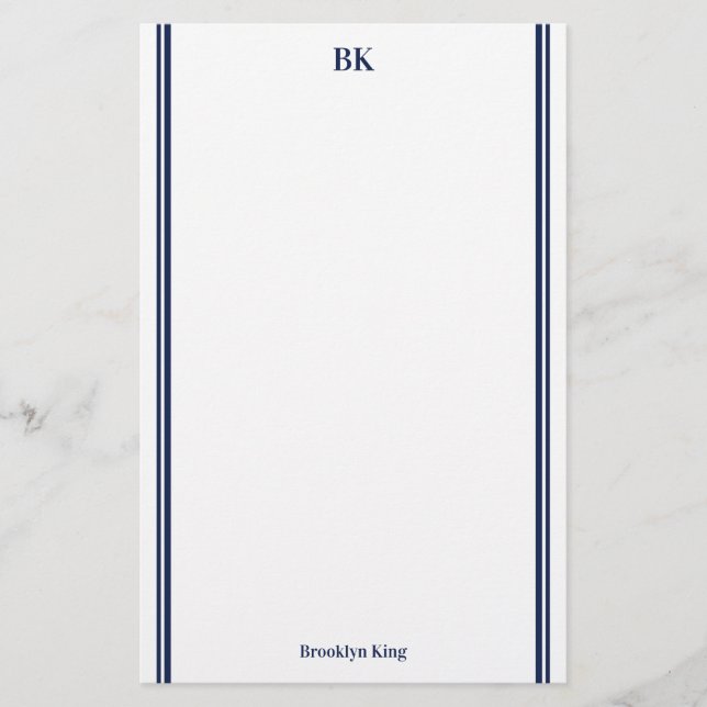 Navy Blue Double Lines Monogram & Name Stationery (Front)