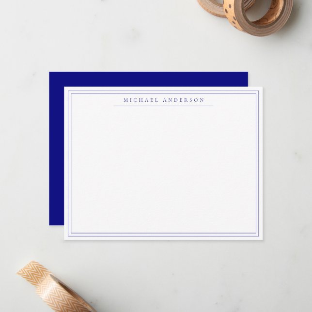 Navy Blue Double Thin Border Correspondence Note  Card (Front/Back In Situ)