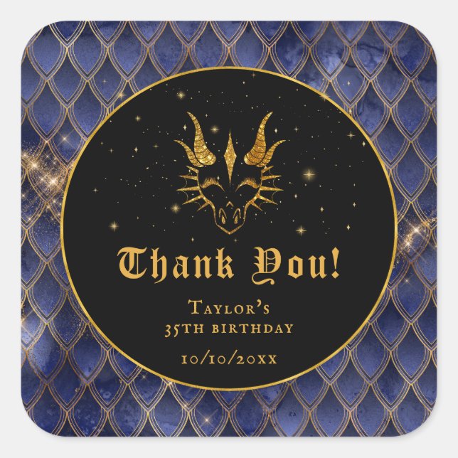 Navy Blue Dragon Scales Gold Birthday Thank You Square Sticker (Front)